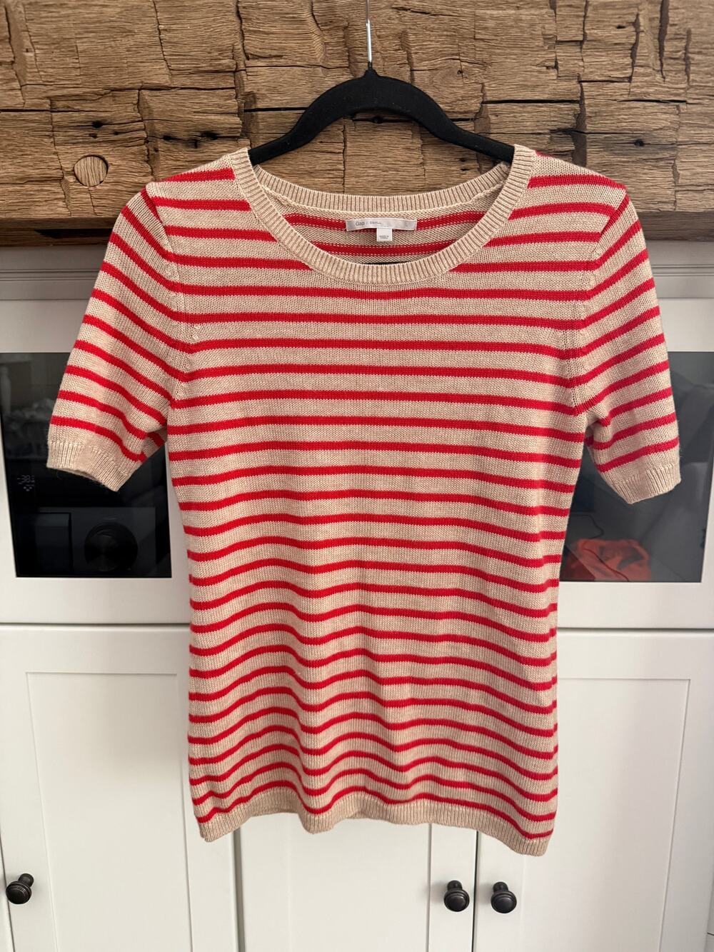 Gap Striped Sweater Sz S Red Tan Short Sleeve Breton Nautical Preppy Knit Top